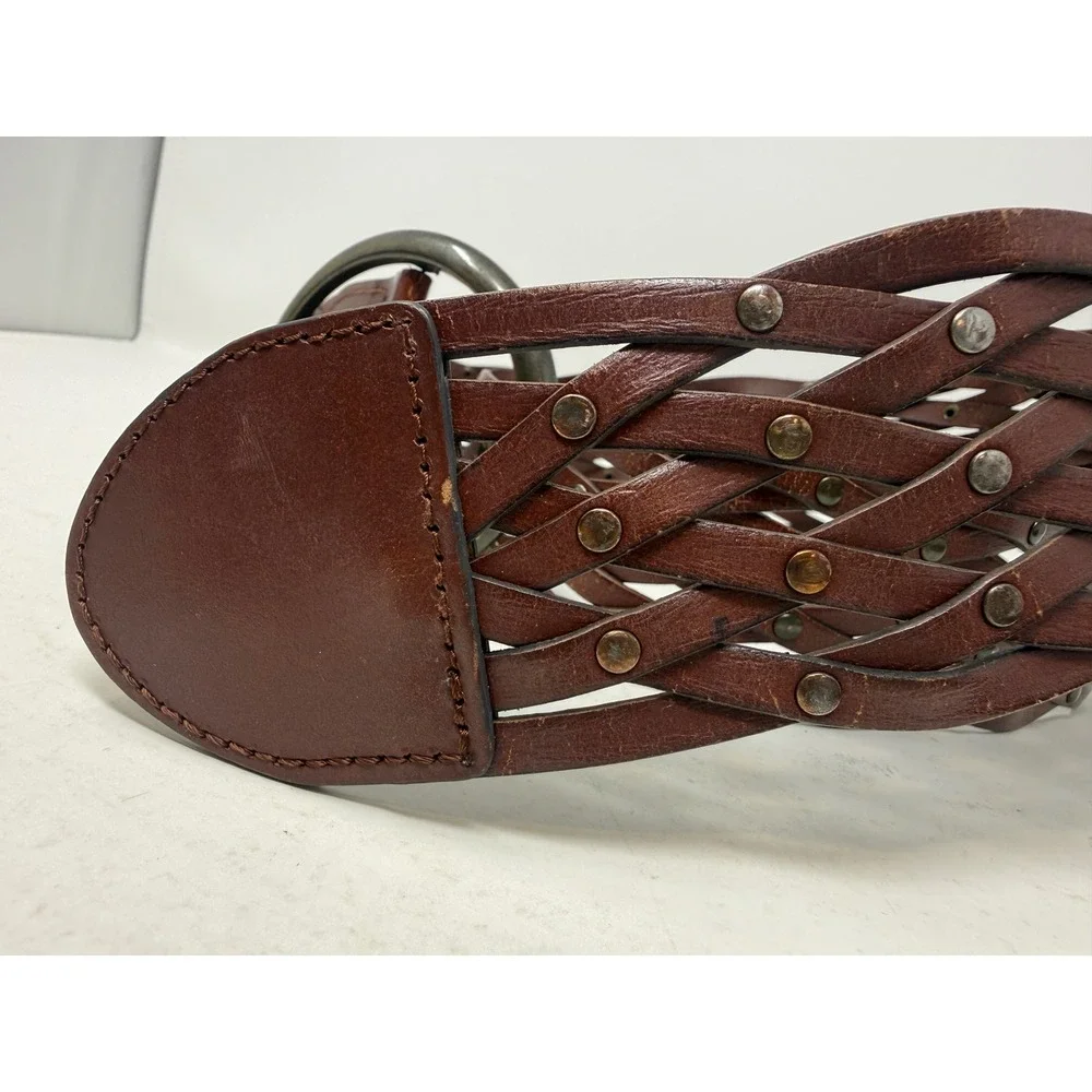 Brown Braided Bonded Leather Studded Wide Waist Belt L/XL 47 Inch